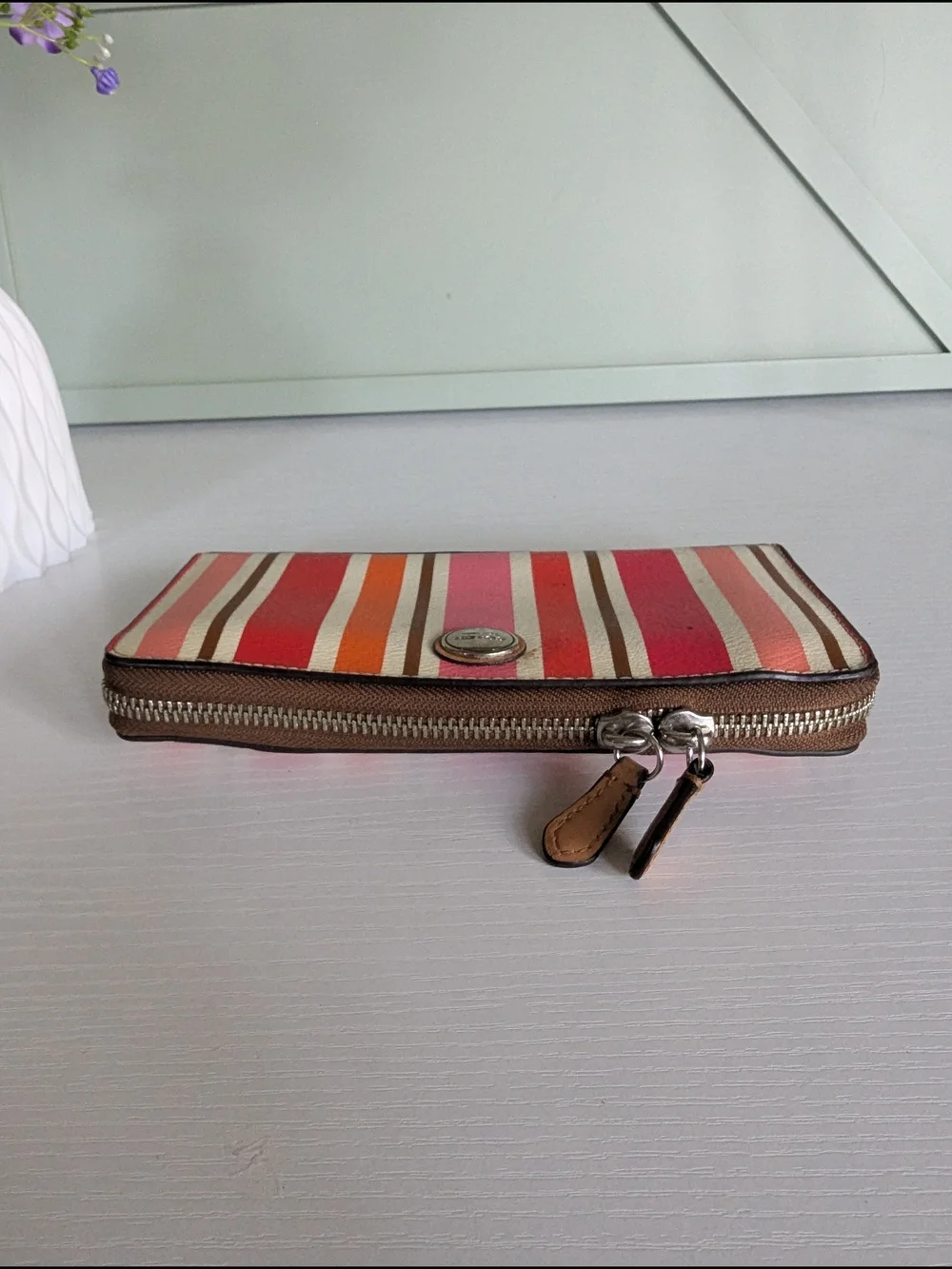 Coach Striped Zip Wallet in Pink, Red, Orange, Brown